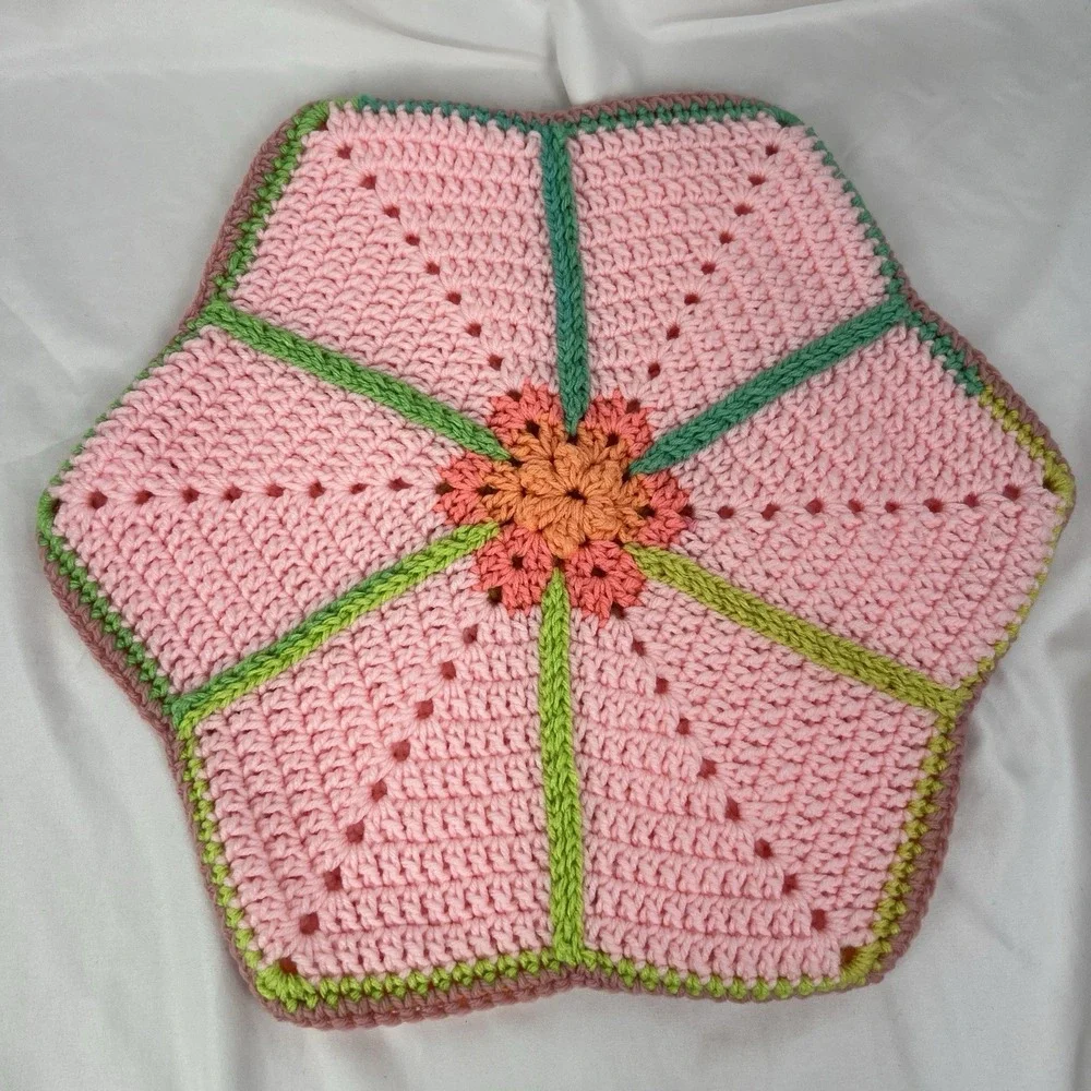 Hand Crocheted Pink Flower Hot Pad Trivet Pot Holder Doily Reversible Floral 17
